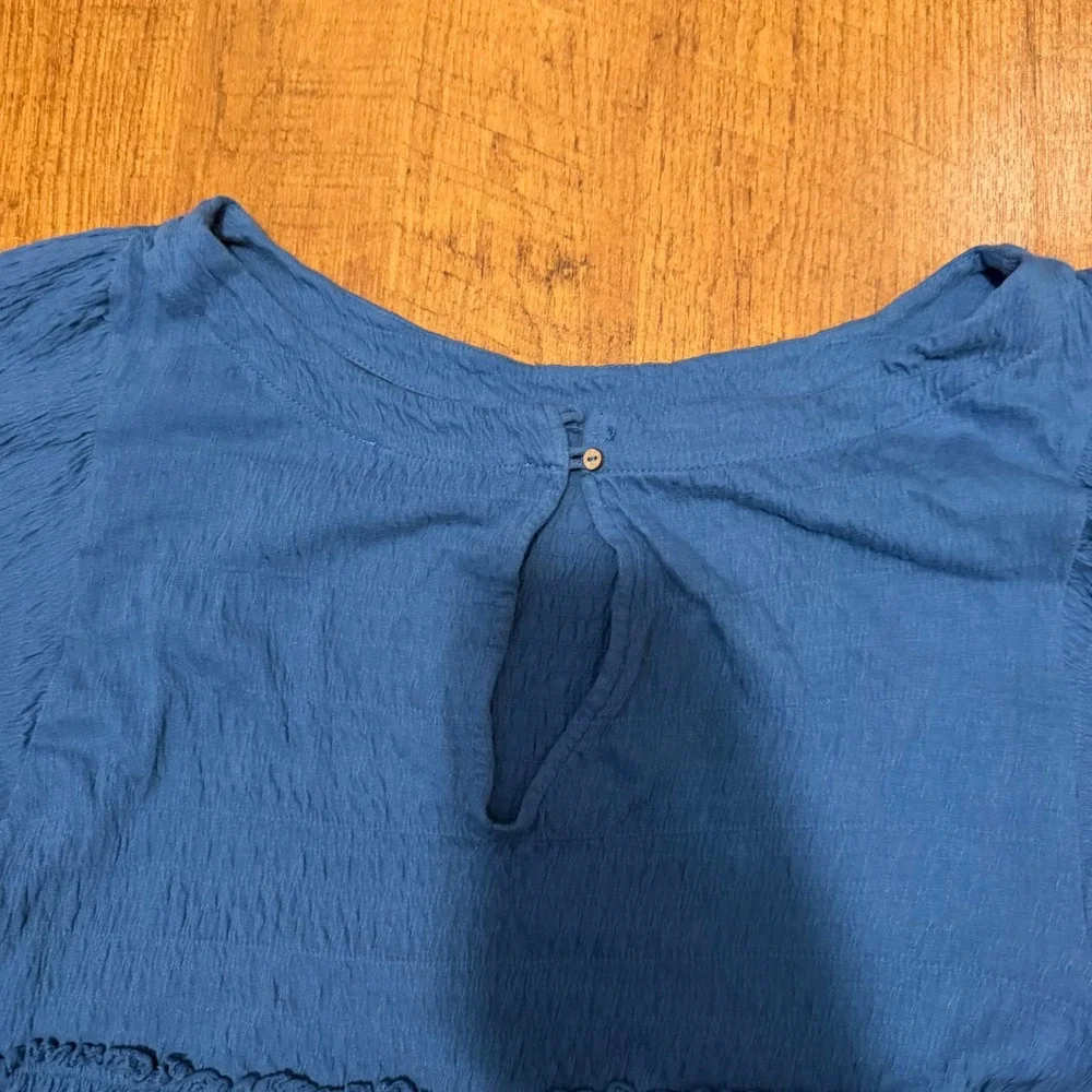 Free People FP Beach Peplum Top Womens L Blue Puff Sleeve Gauze Boho Chic Blouse